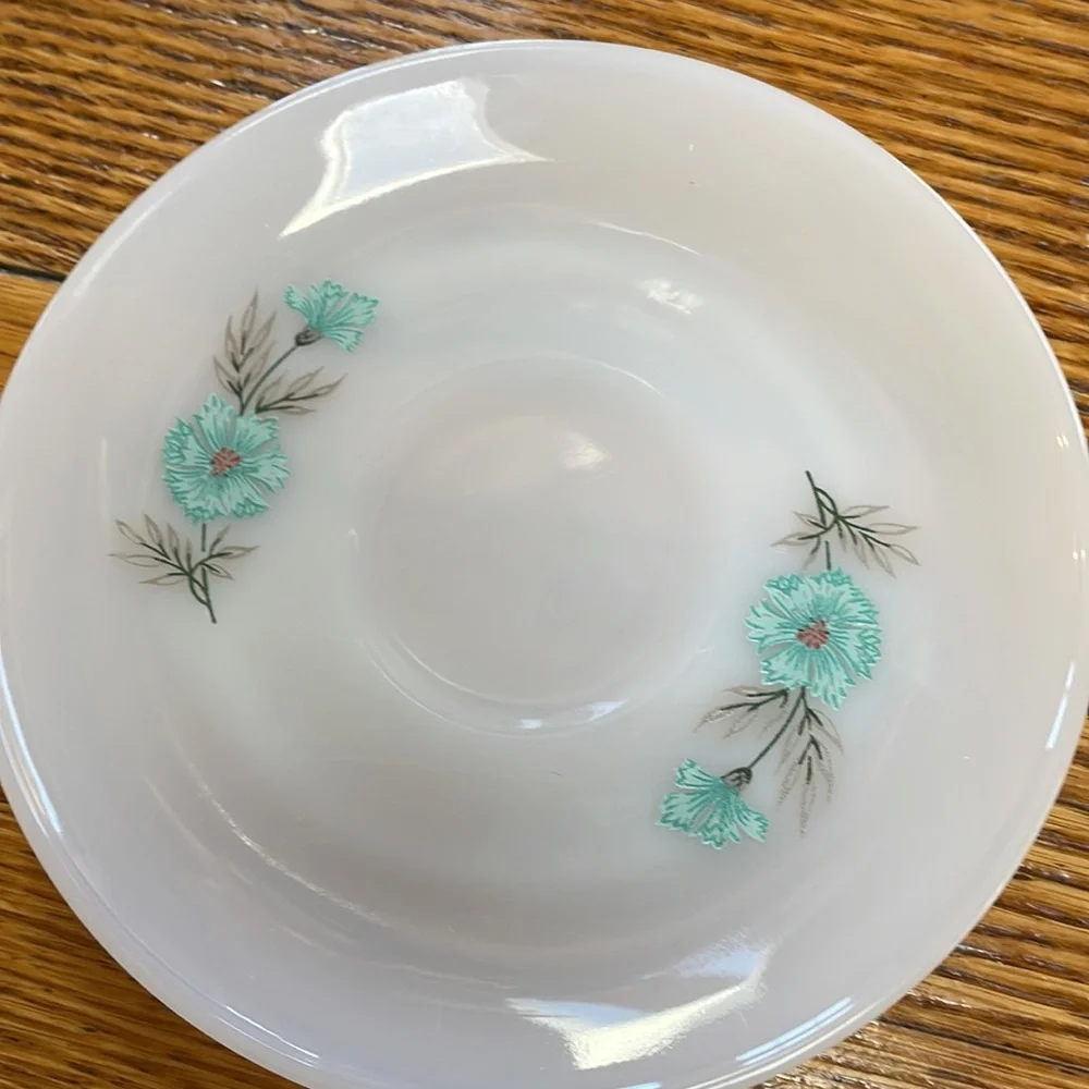 Fire King vintage cup & saucer. Bonnie Blue Flower pattern. Good used condition